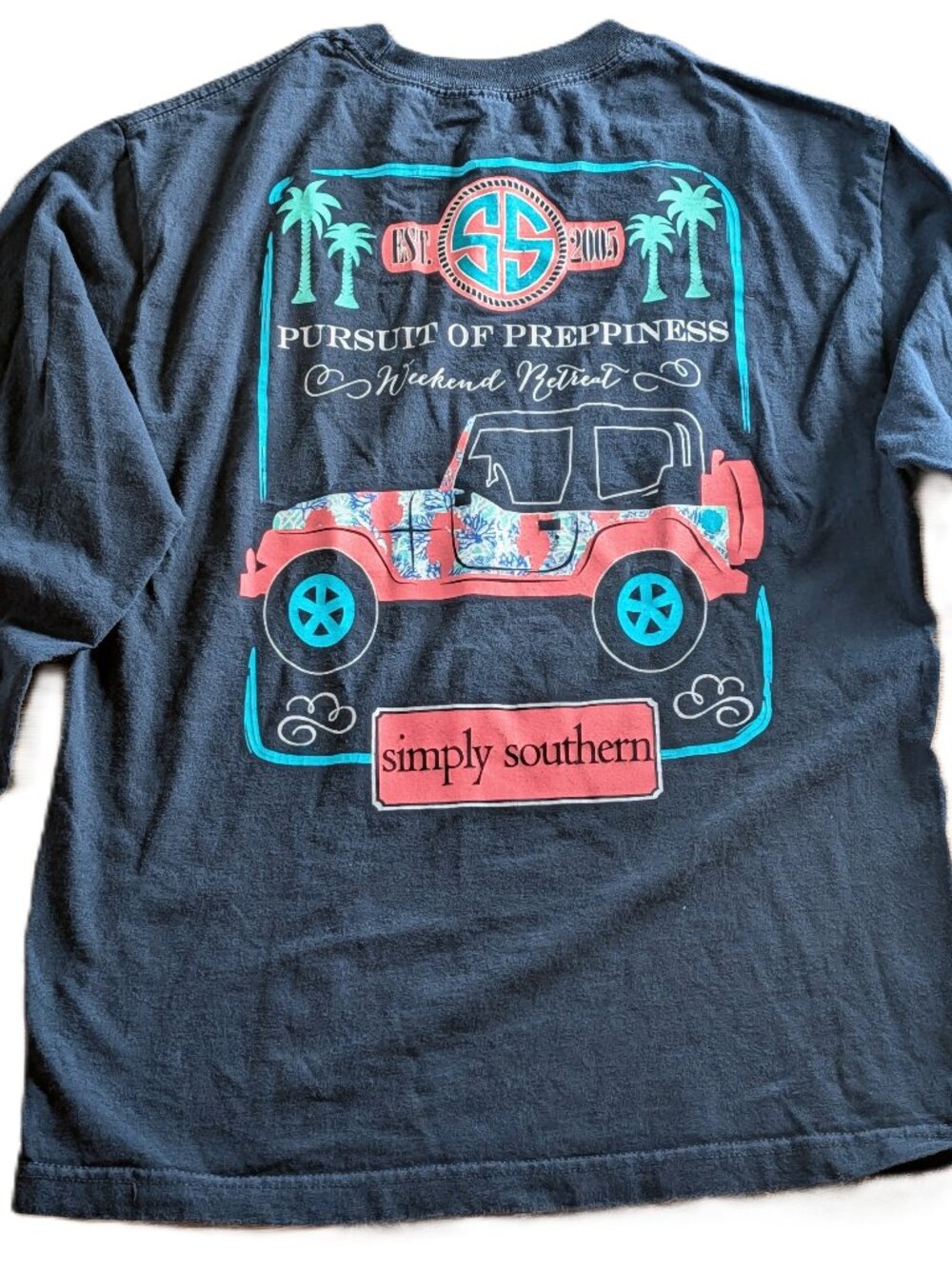 Simply Southern Pursuit of Preppiness Crewneck Women Sz M Long Sleeve Navy Jeep